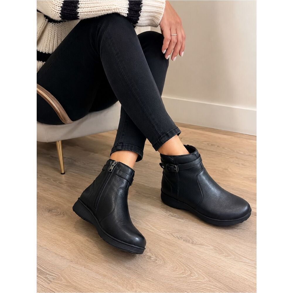Vionic Redding Black Leather Ankle Boots Women’s Comfort Orthotic Booties 7.5M